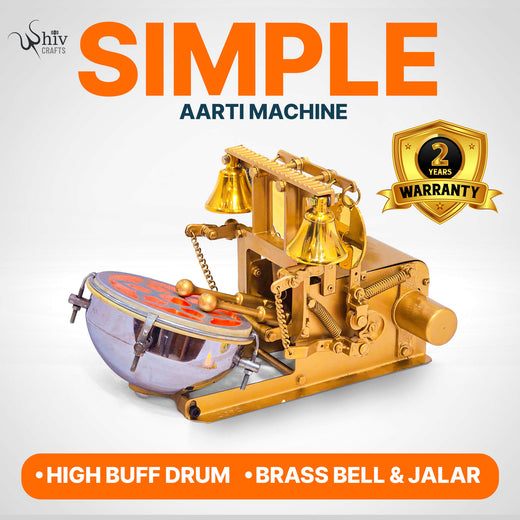 Aarti machine with high buff drum, brass bell, and jalar on a white background with 'Simple Aarti Machine' text and warranty badge.